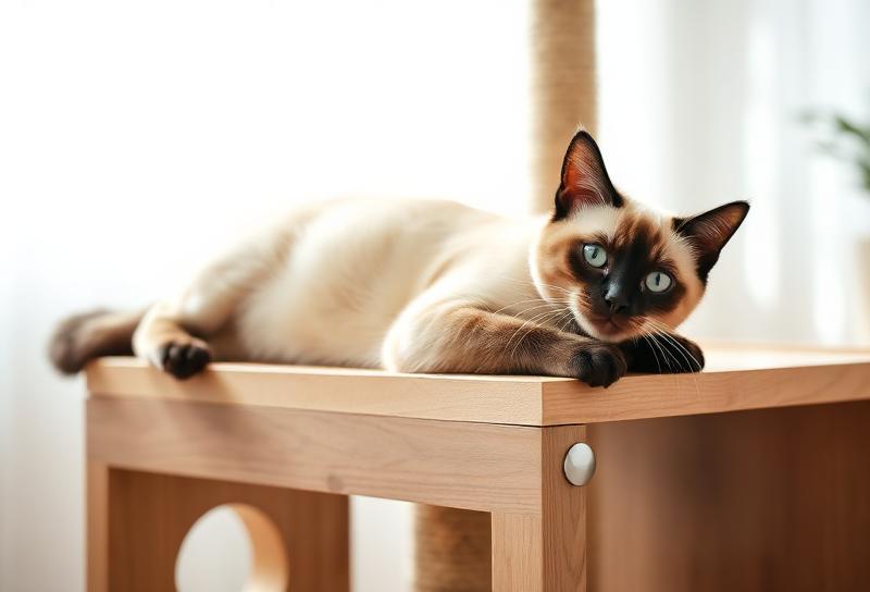 モダンなキャットタワーで伸びをするシャム猫