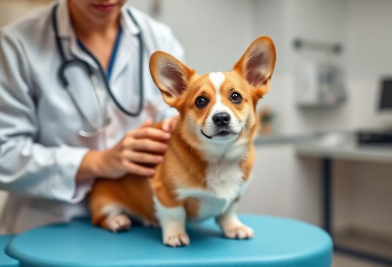 聴診器でコーギーを診察する獣医師