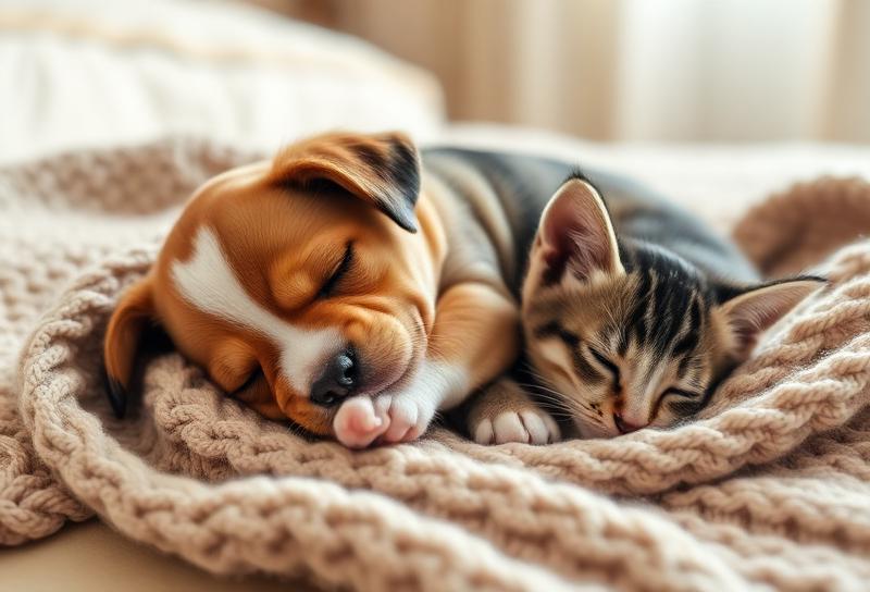 ふかふかのベッドで一緒にお昼寝する子犬と子猫